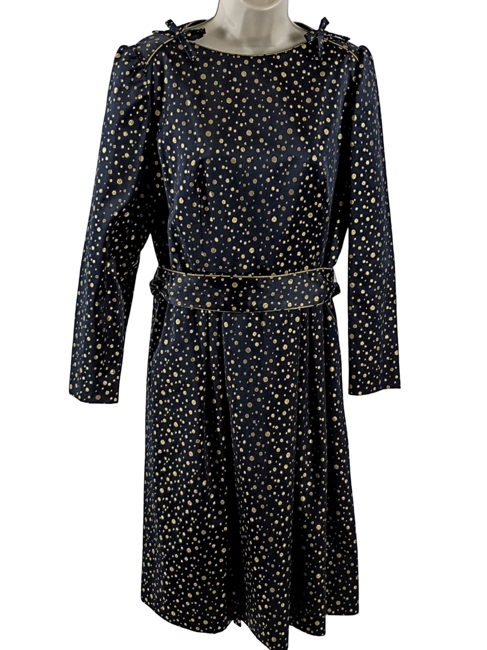 Posh by Jay Anderson Long Sleeves Navy Dress with Gold Dot Pattern and Waist Tie